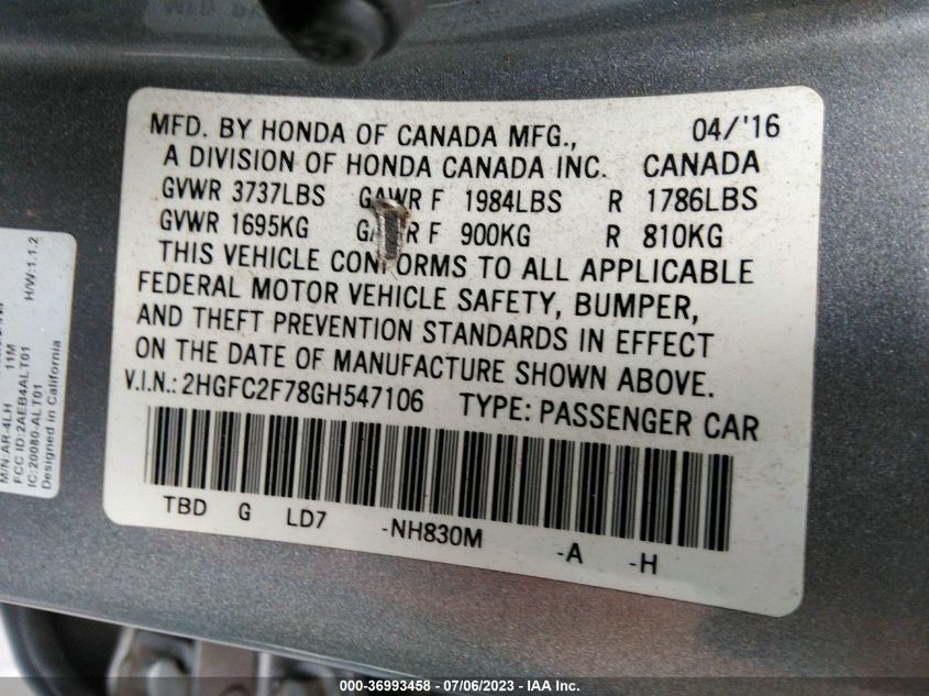 2016 HONDA CIVIC SEDAN EX - 2HGFC2F78GH547106