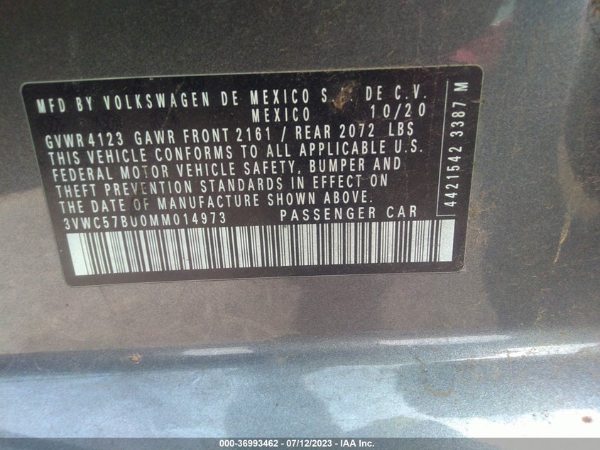 VIN 3VWC57BU0MM014973 2021 VOLKSWAGEN JETTA S/SE/R-LINE