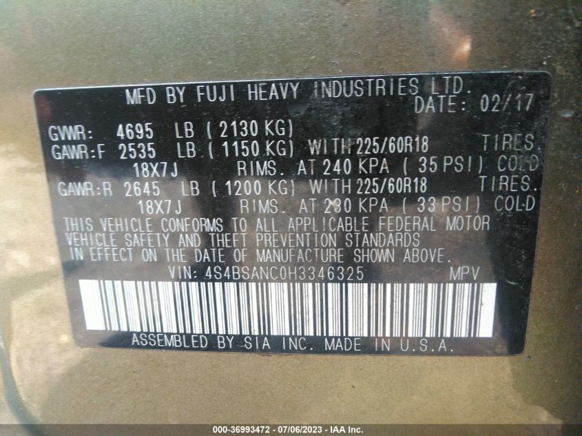 2017 SUBARU OUTBACK LIMITED - 4S4BSANC0H3346325