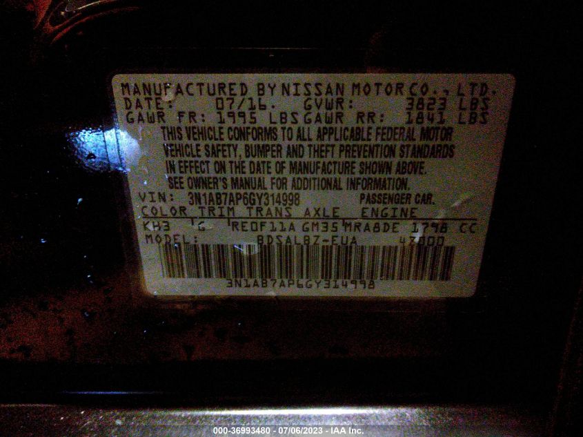 2016 NISSAN SENTRA S - 3N1AB7AP6GY314998