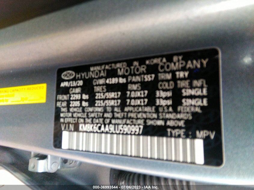 VIN KM8K6CAA9LU590997 2020 HYUNDAI KONA SEL PLUS