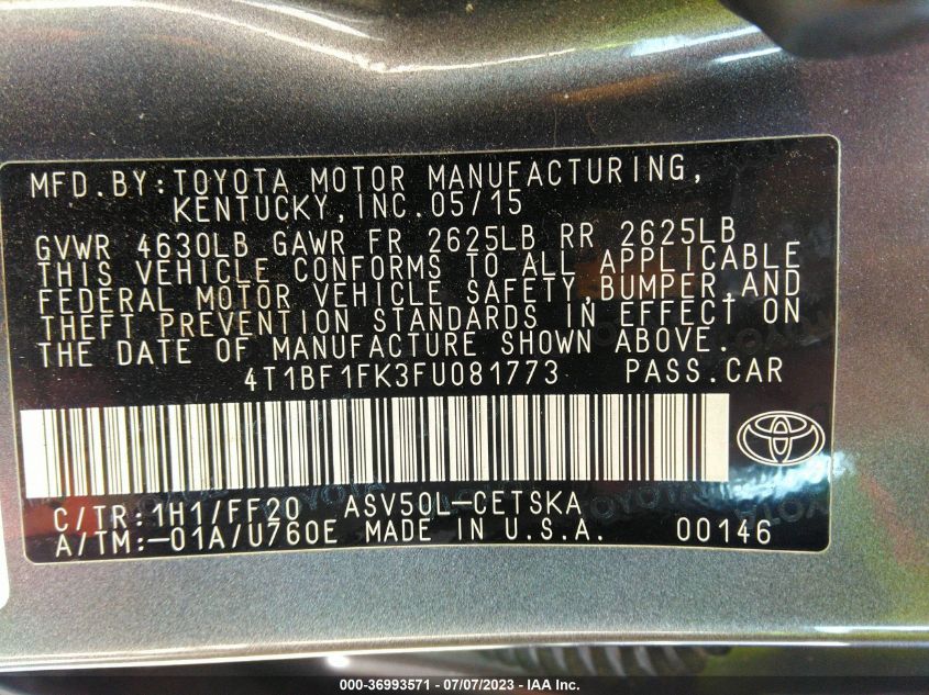 2015 TOYOTA CAMRY XLE/SE/LE/XSE - 4T1BF1FK3FU081773