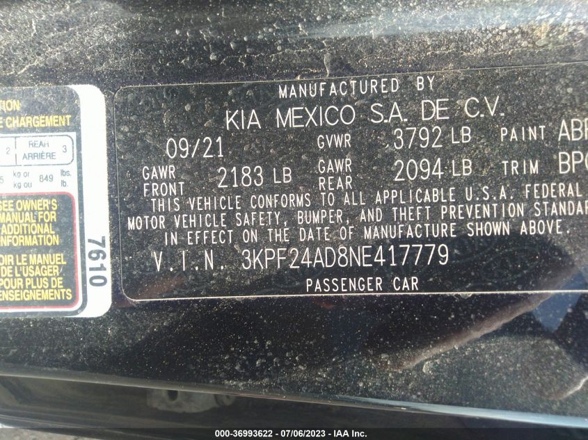 2022 KIA FORTE LXS - 3KPF24AD8NE417779