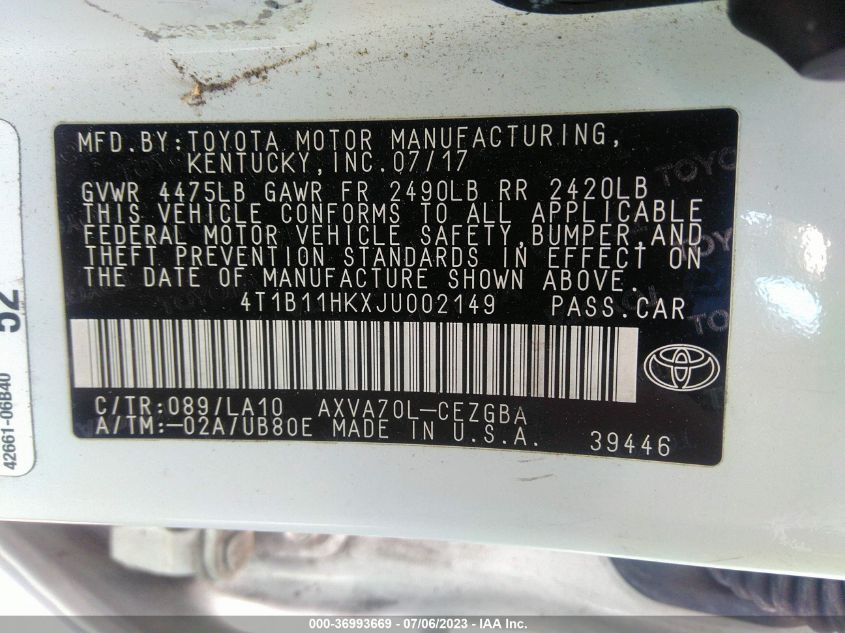 2018 TOYOTA CAMRY LE/SE/XLE/L - 4T1B11HKXJU002149
