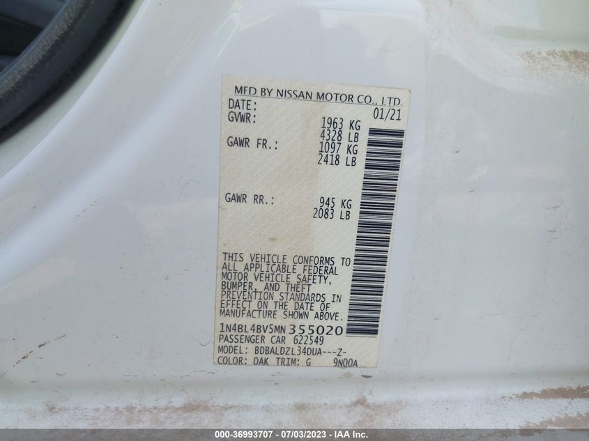 VIN 1N4BL4BV5MN355020 2021 NISSAN ALTIMA 2.5 S