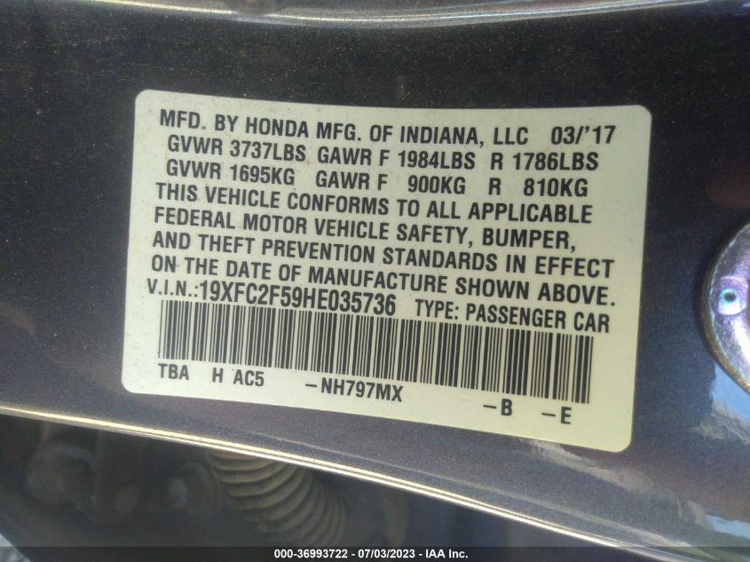 2017 HONDA CIVIC SEDAN LX - 19XFC2F59HE035736