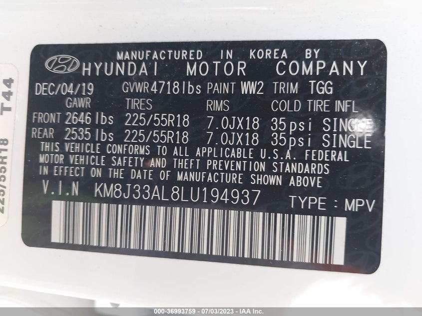 VIN KM8J33AL8LU194937 2020 HYUNDAI TUCSON SEL