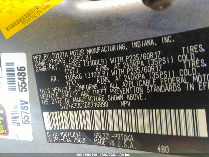 2013 TOYOTA SIENNA XLE AAS/XLE/LTD - 5TDYK3DC1DS316898