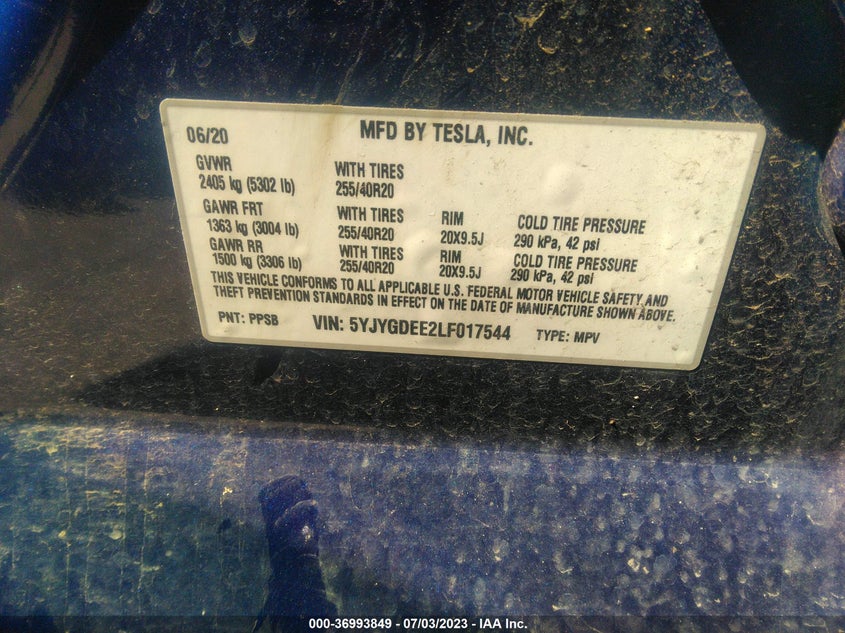 VIN 5YJYGDEE2LF017544 2020 TESLA MODEL Y LONG RANGE