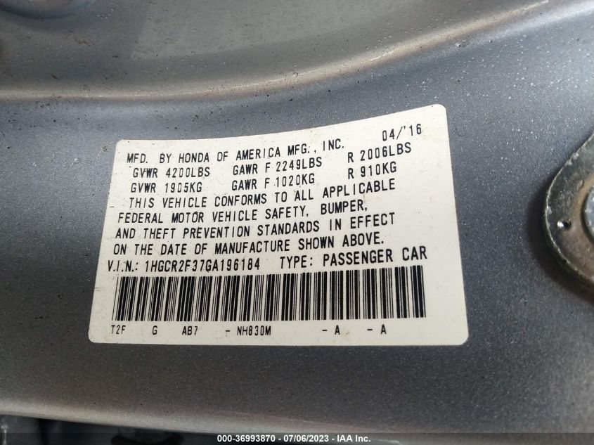 2016 HONDA ACCORD SEDAN LX - 1HGCR2F37GA196184