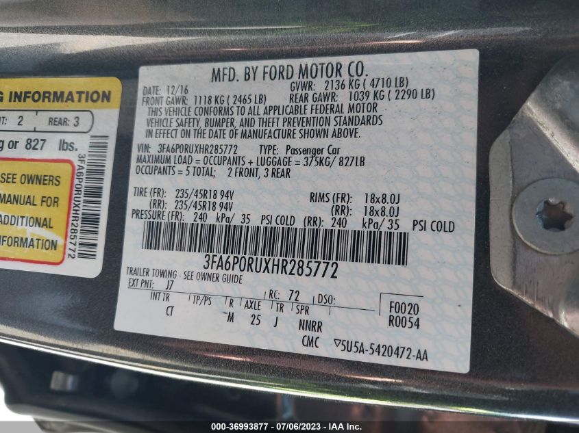 2017 FORD FUSION HYBRID - 3FA6P0RUXHR285772