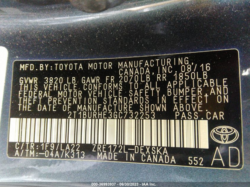 2016 TOYOTA COROLLA L/LE/S/S PLUS/LE PLUS - 2T1BURHE3GC732253