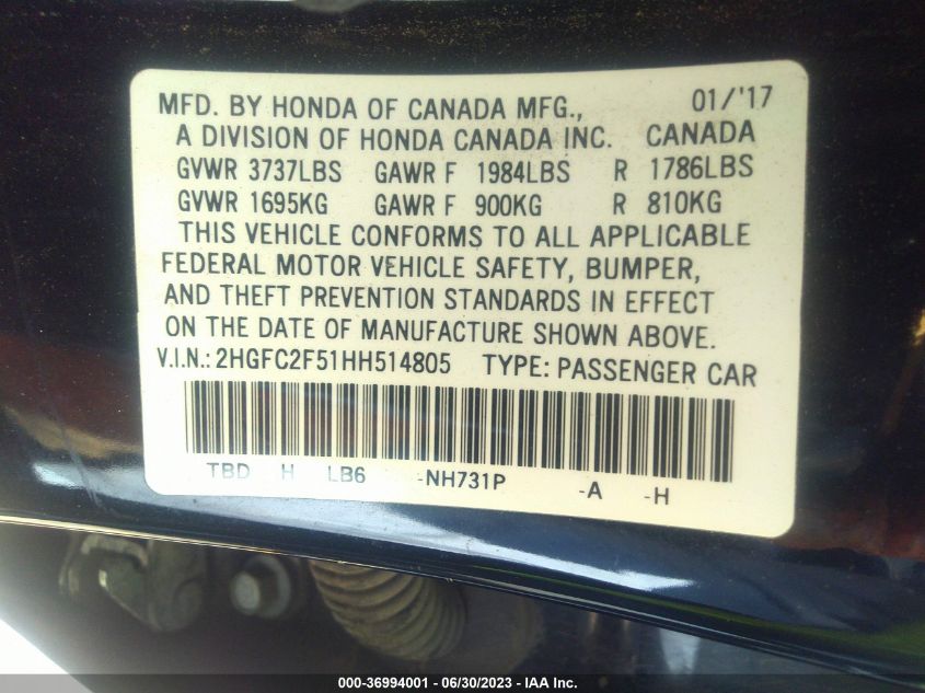2017 HONDA CIVIC SEDAN LX - 2HGFC2F51HH514805