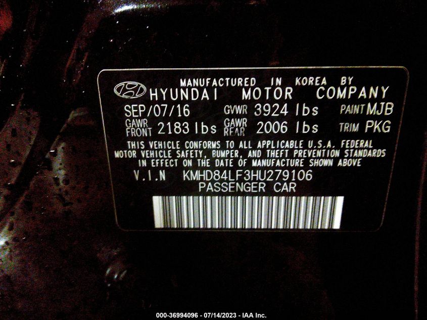 2017 HYUNDAI ELANTRA LIMITED - KMHD84LF3HU279106