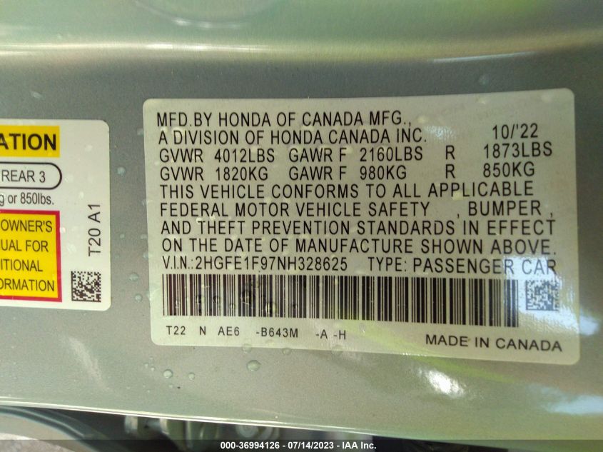2022 HONDA CIVIC SEDAN TOURING - 2HGFE1F97NH328625