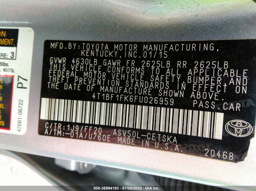2015 TOYOTA CAMRY XLE/SE/LE/XSE - 4T1BF1FK6FU026959