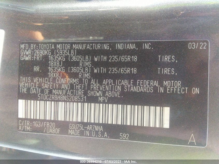 2022 TOYOTA HIGHLANDER L - 5TDCZRBH8NS208531