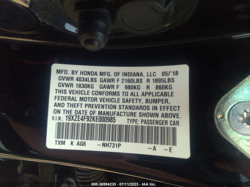 2019 HONDA INSIGHT TOURING - 19XZE4F92KE000985