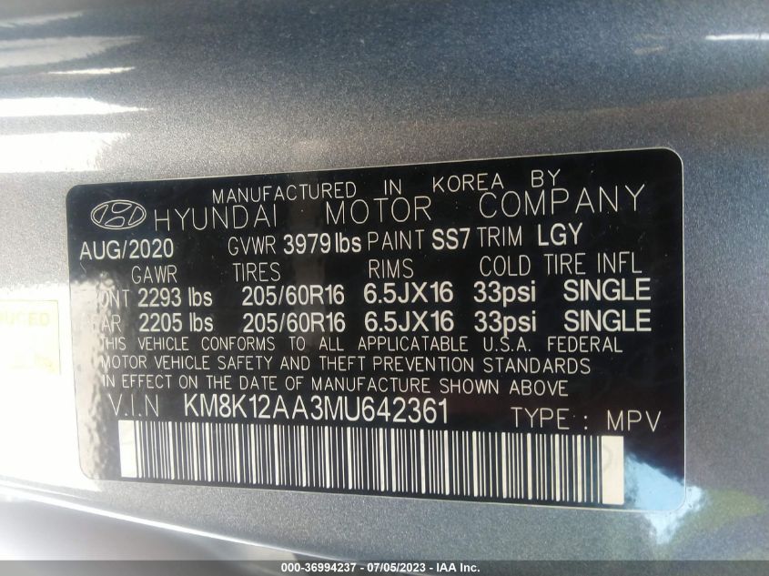 2021 HYUNDAI KONA SE - KM8K12AA3MU642361