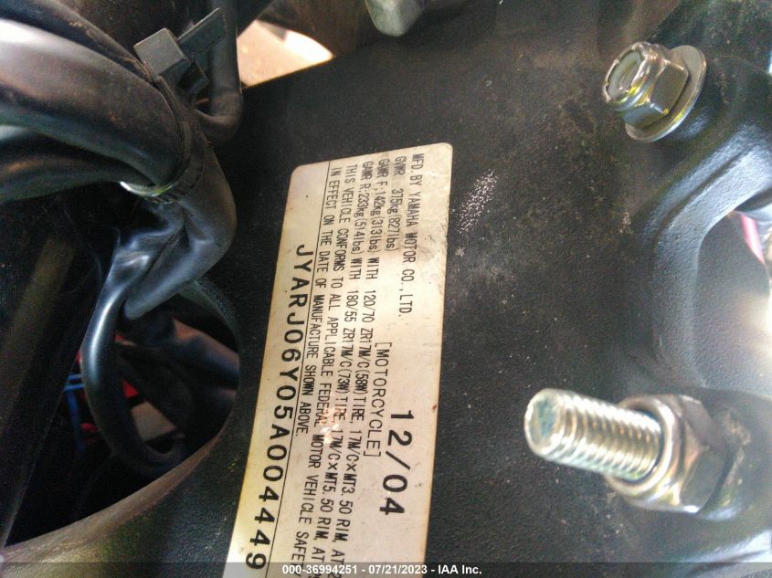 2005 YAMAHA YZFR6 L JYARJ06Y05A004449