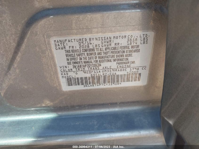 2016 NISSAN SENTRA SR - 3N1AB7AP7GY339084