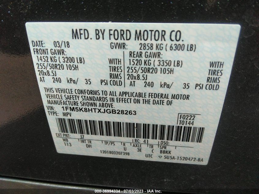 2018 FORD EXPLORER PLATINUM - 1FM5K8HTXJGB28263