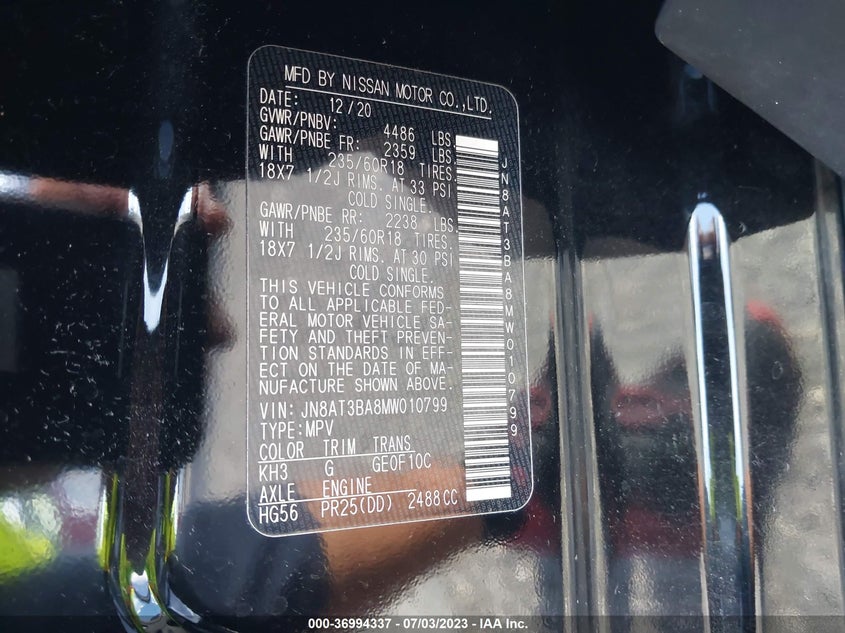 VIN JN8AT3BA8MW010799 2021 NISSAN ROGUE SV