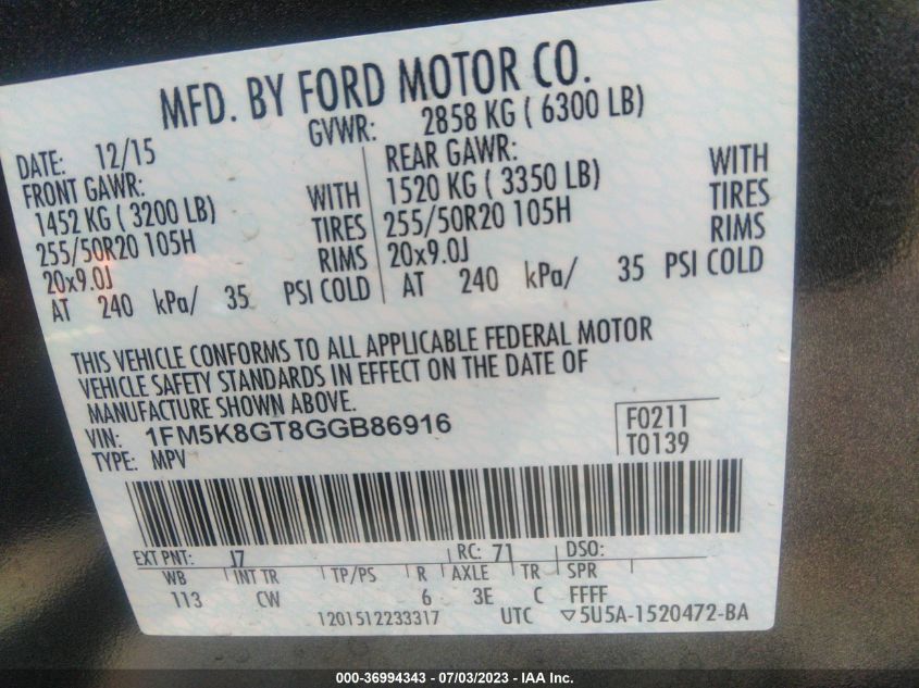 2016 FORD EXPLORER SPORT - 1FM5K8GT8GGB86916