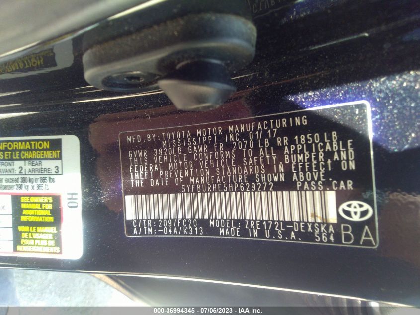 2017 TOYOTA COROLLA L/LE/XLE/SE - 5YFBURHE5HP629272