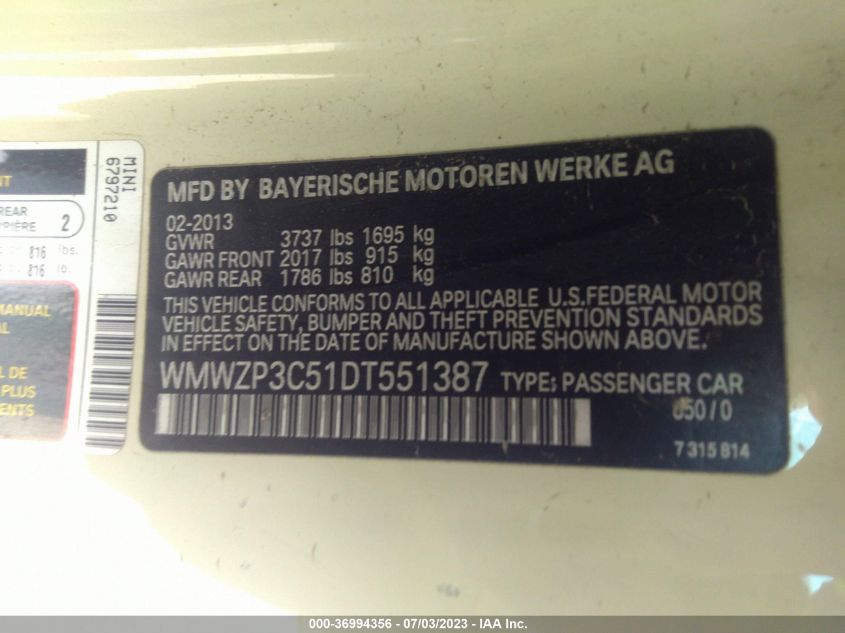2013 MINI COOPER CONVERTIBLE S WMWZP3C51DT551387