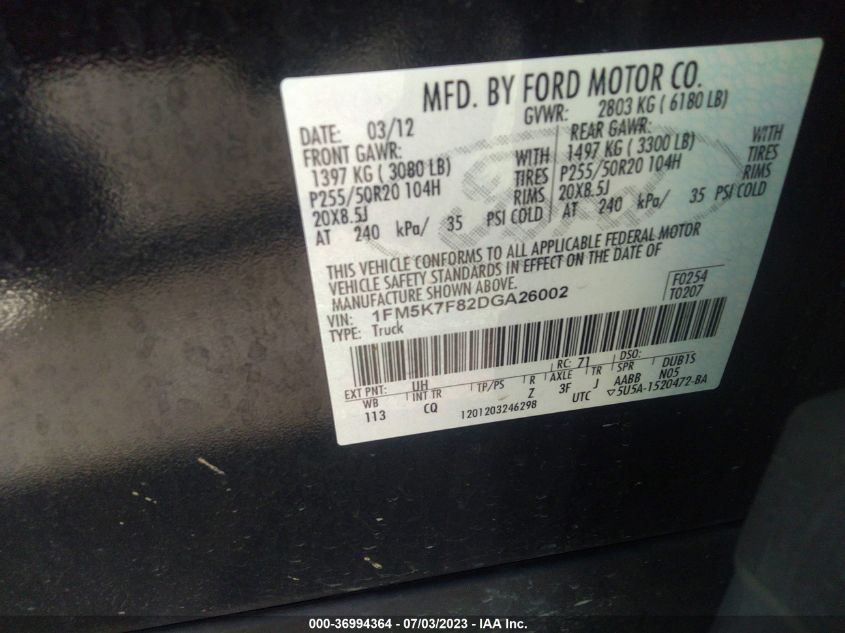 2013 FORD EXPLORER LIMITED - 1FM5K7F82DGA26002