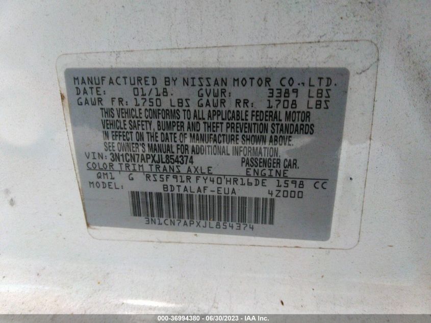 2018 NISSAN VERSA SEDAN S - 3N1CN7APXJL854374