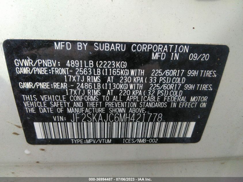 JF2SKAJC6MH421778 Subaru Forester PREMIUM 9