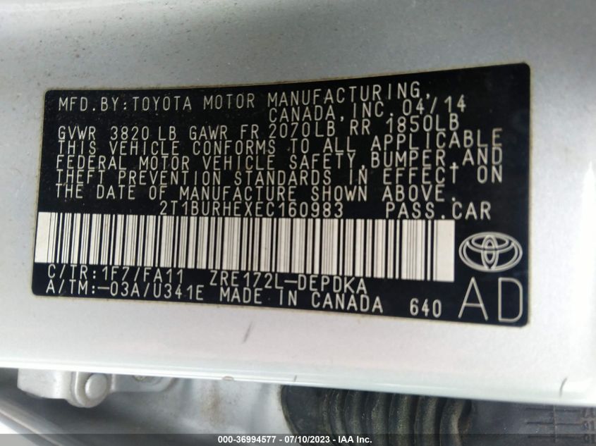 2014 TOYOTA COROLLA L/LE/S/S PLUS/LE PLUS - 2T1BURHEXEC160983