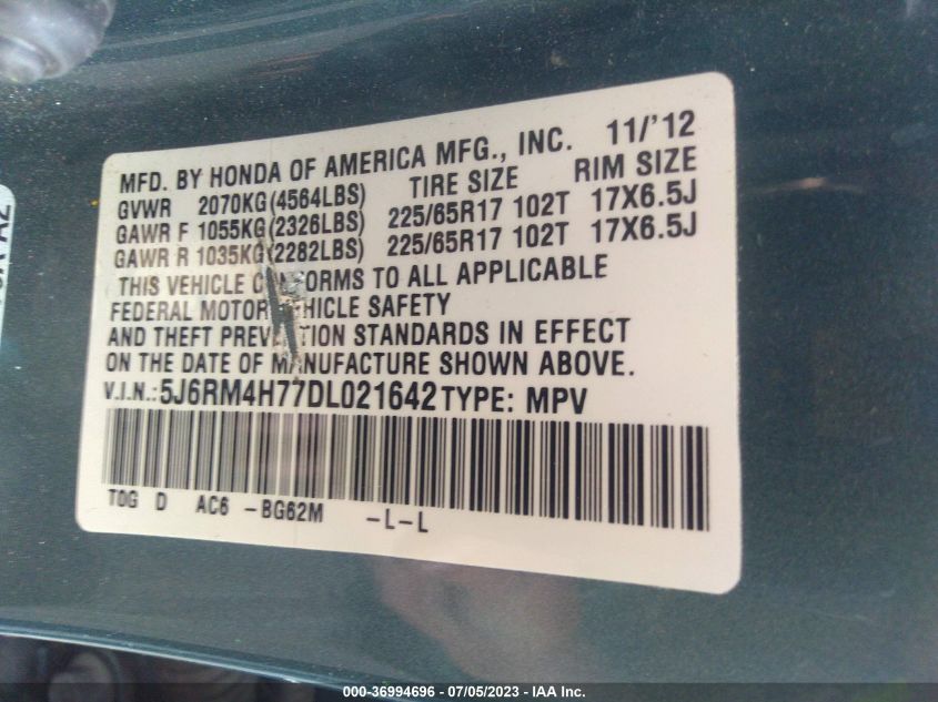 2013 HONDA CR-V EX-L - 5J6RM4H77DL021642