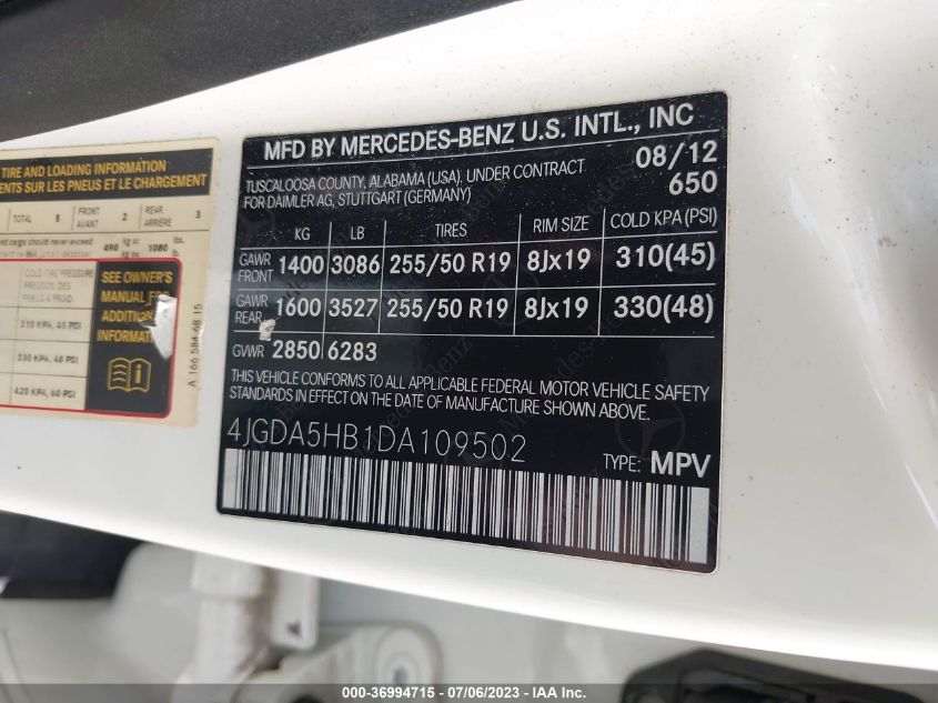 2013 MERCEDES-BENZ M-CLASS ML 350 - 4JGDA5HB1DA109502