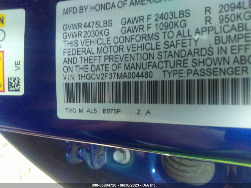 2021 HONDA ACCORD SEDAN SPORT - 1HGCV2F37MA004480