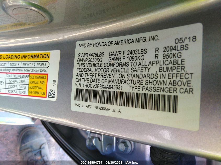 2018 HONDA ACCORD SEDAN TOURING 2.0T - 1HGCV2F9XJA043631