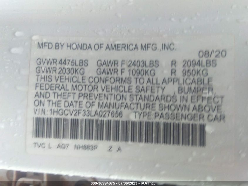 2020 HONDA ACCORD SEDAN SPORT - 1HGCV2F33LA027656