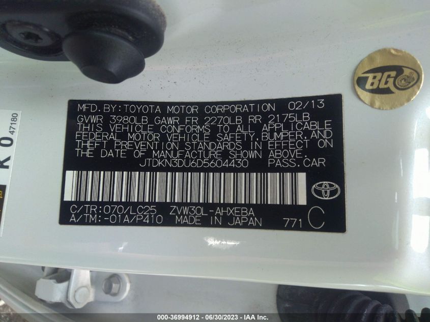 2013 TOYOTA PRIUS ONE/TWO/THREE/FOUR/FIVE - JTDKN3DU6D5604430