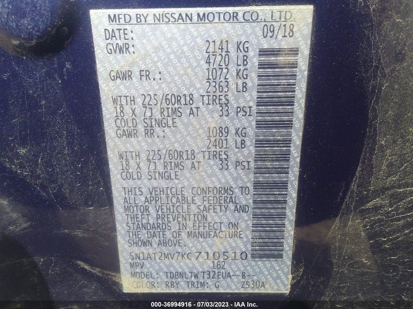 VIN 5N1AT2MV7KC710510 2019 NISSAN ROGUE SV