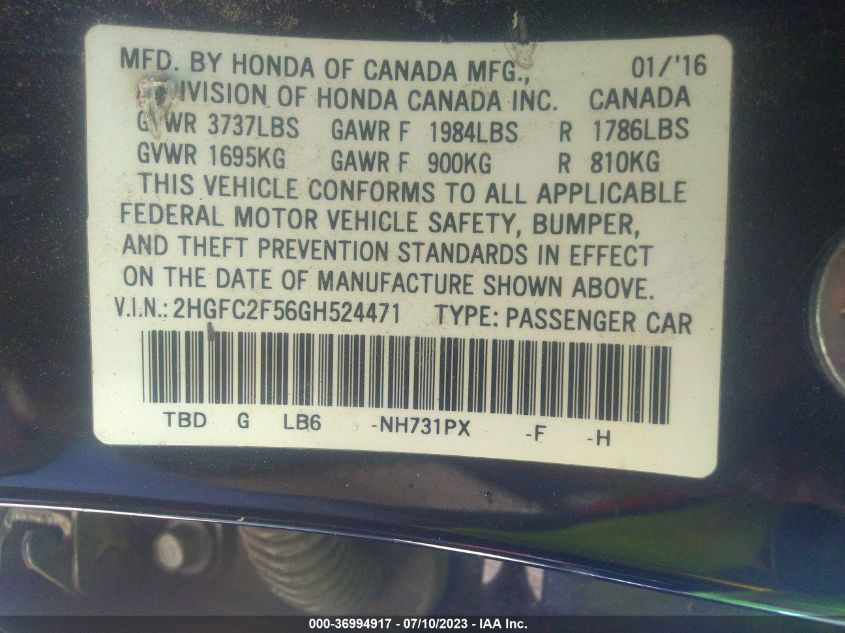 2016 HONDA CIVIC SEDAN LX - 2HGFC2F56GH524471