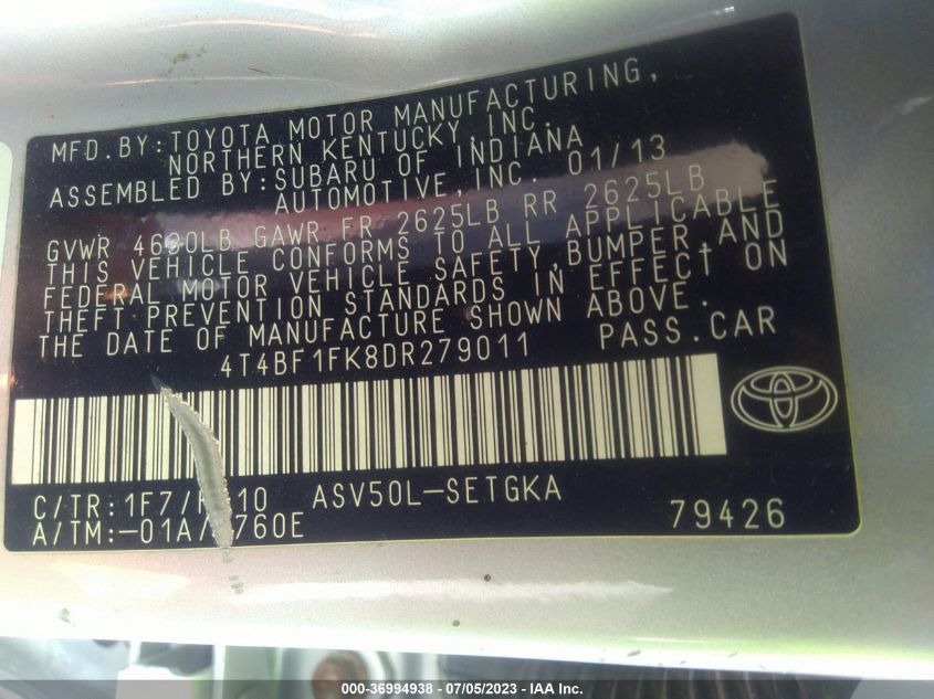2013 TOYOTA CAMRY L/LE/SE/XLE - 4T4BF1FK8DR279011