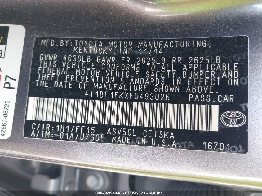 2015 TOYOTA CAMRY XLE/SE/LE/XSE - 4T1BF1FKXFU493026