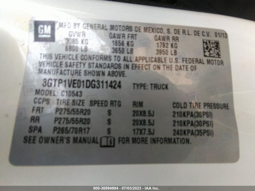 2013 GMC SIERRA 1500 SLE - 3GTP1VE01DG311424