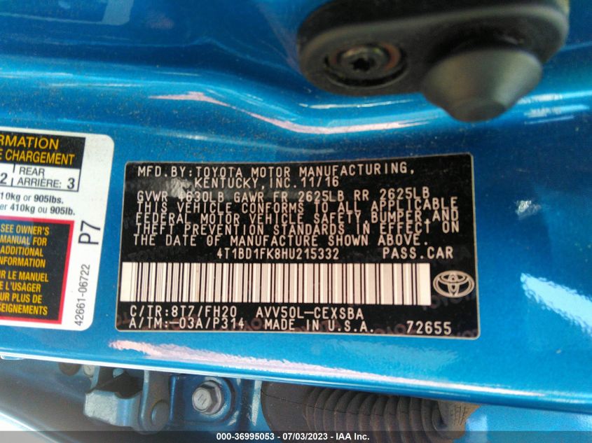 2017 TOYOTA CAMRY HYBRID - 4T1BD1FK8HU215332