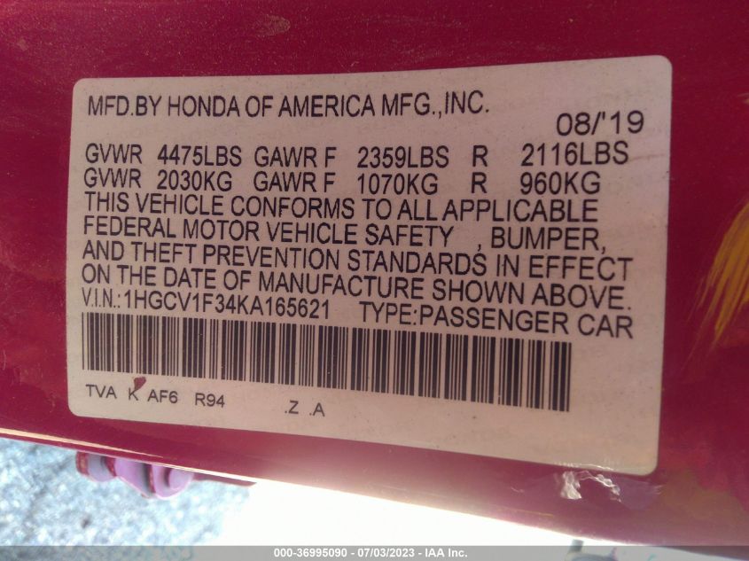 2019 HONDA ACCORD SEDAN SPORT 1.5T - 1HGCV1F34KA165621