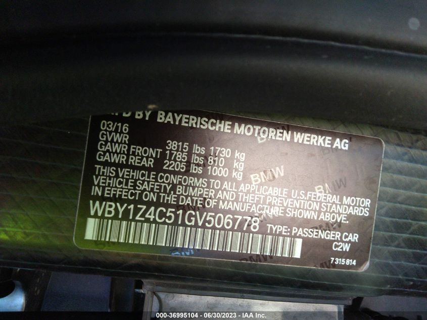 2016 BMW I3 - WBY1Z4C51GV506778