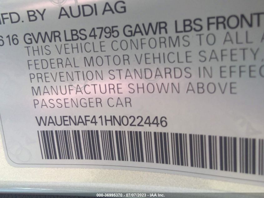 2017 AUDI A4 PREMIUM PLUS - WAUENAF41HN022446