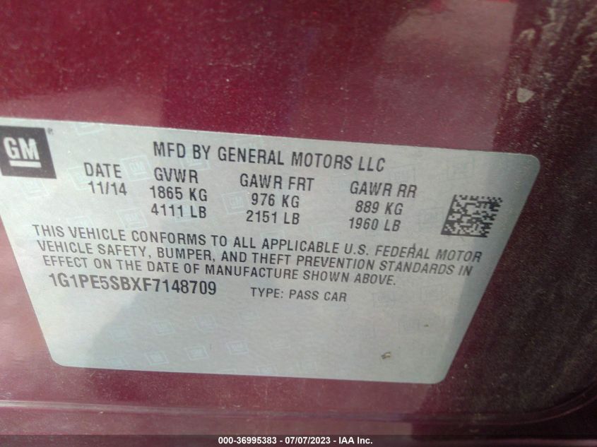 2015 CHEVROLET CRUZE LT - 1G1PE5SBXF7148709